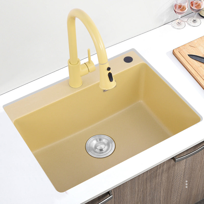 Quartz Kitchen Sink Yellow Single Bowl Kitchen Sink with Drain Assembly 24"L x 18"W x 9"H Sink with Faucet Pull Out Faucet Clearhalo 'Home Improvement' 'home_improvement' 'home_improvement_kitchen_sinks' 'Kitchen Remodel & Kitchen Fixtures' 'Kitchen Sinks & Faucet Components' 'Kitchen Sinks' 'kitchen_sinks' 7281340