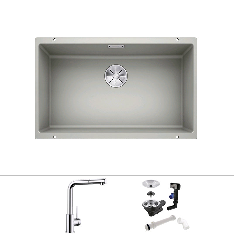 Single Basin Kitchen Sink Quartz Kitchen Sink with Drain Strainer Kit Sink with Faucet Seven Character Draw Faucet Silver Clearhalo 'Home Improvement' 'home_improvement' 'home_improvement_kitchen_sinks' 'Kitchen Remodel & Kitchen Fixtures' 'Kitchen Sinks & Faucet Components' 'Kitchen Sinks' 'kitchen_sinks' 7281379