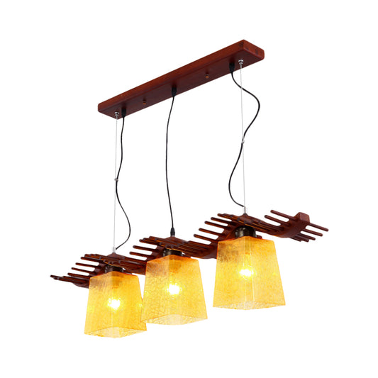 3 Heads Island Light Rustic Dining Room Wood Hanging Lamp with Trapezoid Yellow Crackle Glass Shade in Brown Clearhalo 'Ceiling Lights' 'Island Lights' Lighting' 728139