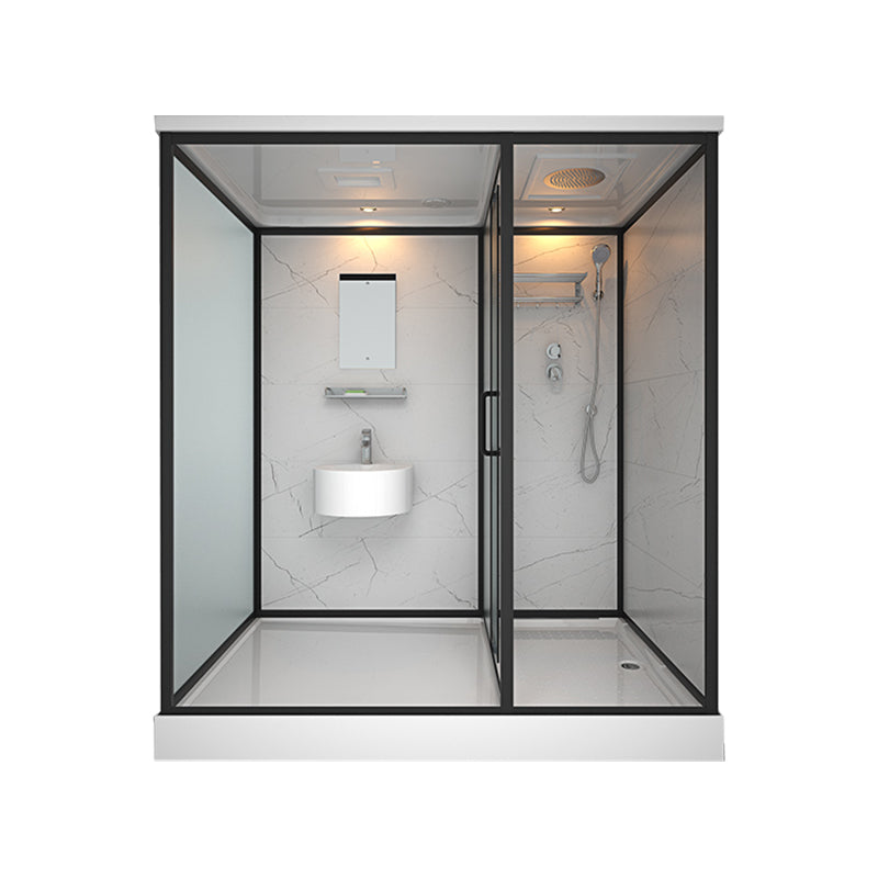 Framed Tempered Glass Shower Stall with Back Wall Panel and Shower Base 75"L x 47"W x 85"H Toilet Not Included Front Opening Clearhalo 'Bathroom Remodel & Bathroom Fixtures' 'Home Improvement' 'home_improvement' 'home_improvement_shower_stalls_enclosures' 'Shower Stalls & Enclosures' 'shower_stalls_enclosures' 'Showers & Bathtubs' 7281482