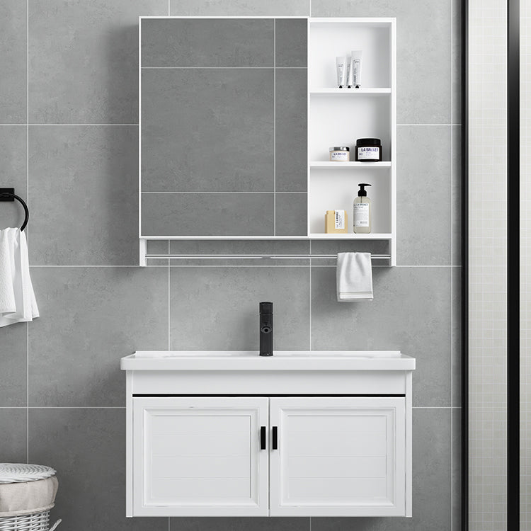 White Bath Vanity Metal Frame Wall Mounted 2 Doors Rectangular Single Sink Mirror Vanity Clearhalo 'Bathroom Remodel & Bathroom Fixtures' 'Bathroom Vanities' 'bathroom_vanities' 'Home Improvement' 'home_improvement' 'home_improvement_bathroom_vanities' 7281871
