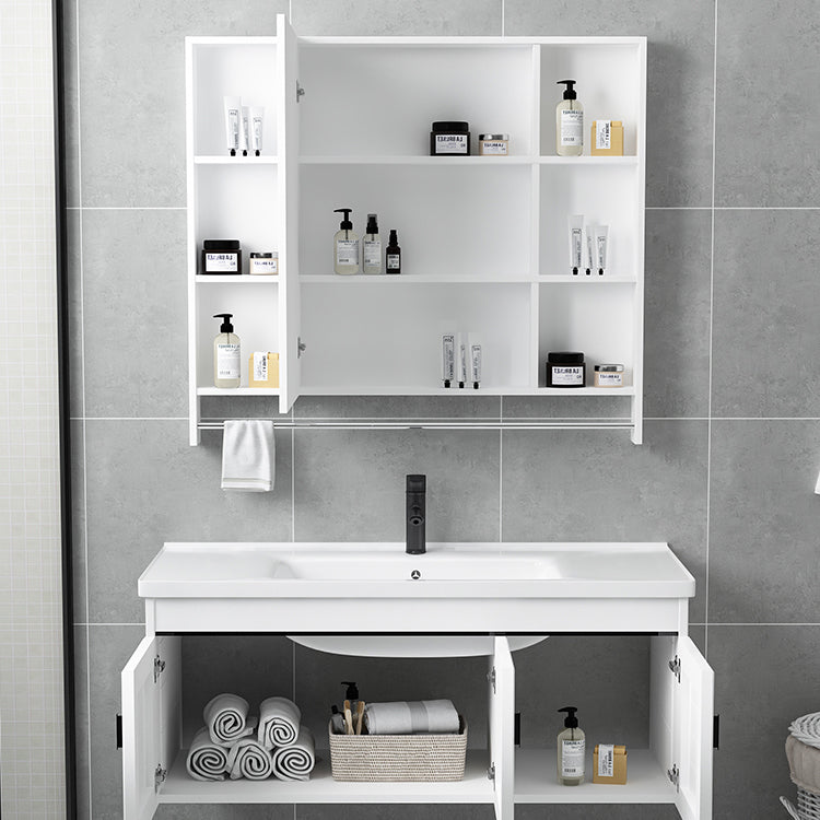 White Bath Vanity Metal Frame Wall Mounted 2 Doors Rectangular Single Sink Mirror Vanity Clearhalo 'Bathroom Remodel & Bathroom Fixtures' 'Bathroom Vanities' 'bathroom_vanities' 'Home Improvement' 'home_improvement' 'home_improvement_bathroom_vanities' 7281873