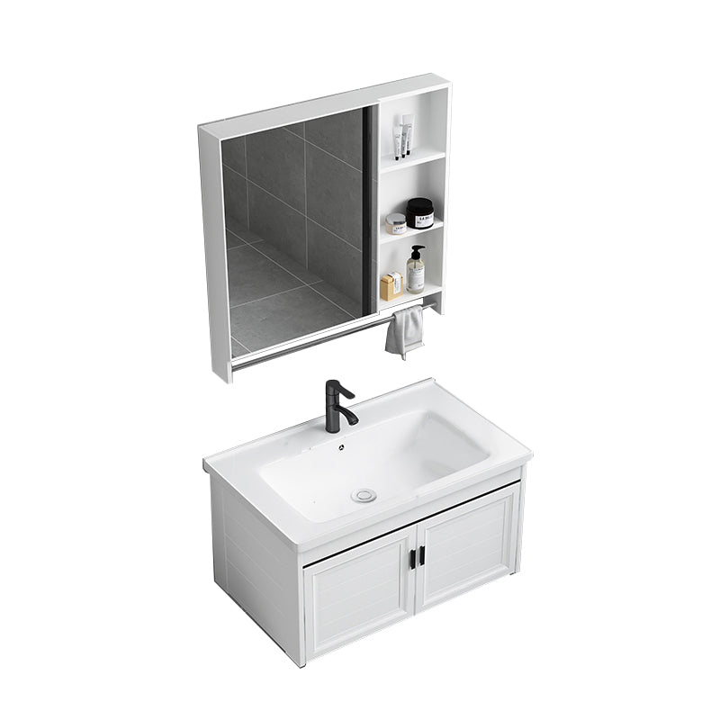 White Bath Vanity Metal Frame Wall Mounted 2 Doors Rectangular Single Sink Mirror Vanity Vanity & Faucet & Mirror Cabinet Plane Sink Clearhalo 'Bathroom Remodel & Bathroom Fixtures' 'Bathroom Vanities' 'bathroom_vanities' 'Home Improvement' 'home_improvement' 'home_improvement_bathroom_vanities' 7281879