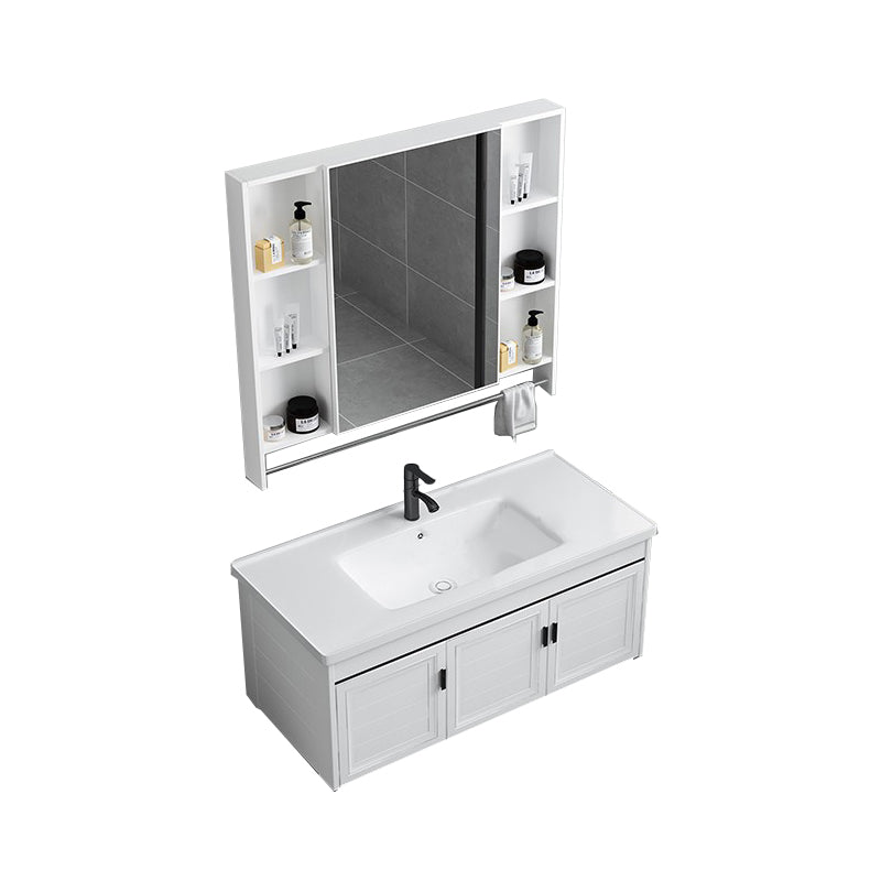 White Bath Vanity Metal Frame Wall Mounted 2 Doors Rectangular Single Sink Mirror Vanity Vanity & Faucet & Mirror Cabinet 35.8"L x 18.9"W x 18.1"H Plane Sink Clearhalo 'Bathroom Remodel & Bathroom Fixtures' 'Bathroom Vanities' 'bathroom_vanities' 'Home Improvement' 'home_improvement' 'home_improvement_bathroom_vanities' 7281881