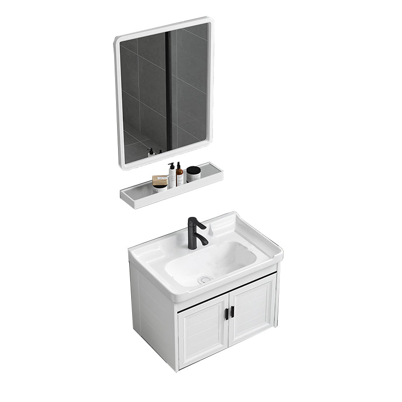 White Bath Vanity Metal Frame Wall Mounted 2 Doors Rectangular Single Sink Mirror Vanity Vanity & Faucet & Mirrors 24"L x 16"W x 18"H Horn Sink Clearhalo 'Bathroom Remodel & Bathroom Fixtures' 'Bathroom Vanities' 'bathroom_vanities' 'Home Improvement' 'home_improvement' 'home_improvement_bathroom_vanities' 7281887