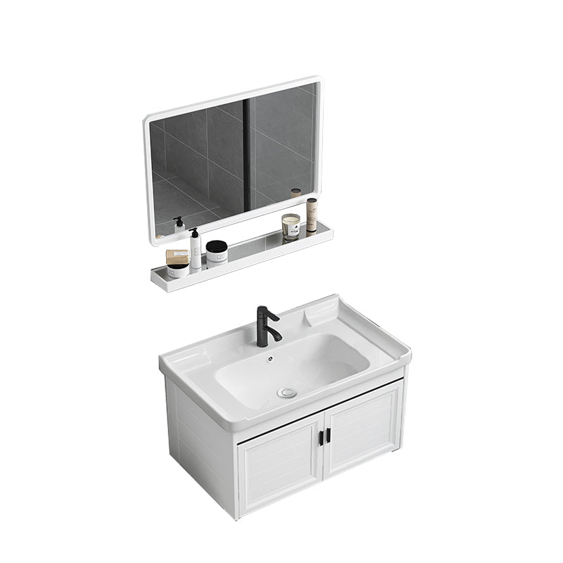 White Bath Vanity Metal Frame Wall Mounted 2 Doors Rectangular Single Sink Mirror Vanity Vanity & Faucet & Mirrors Horn Sink Clearhalo 'Bathroom Remodel & Bathroom Fixtures' 'Bathroom Vanities' 'bathroom_vanities' 'Home Improvement' 'home_improvement' 'home_improvement_bathroom_vanities' 7281888
