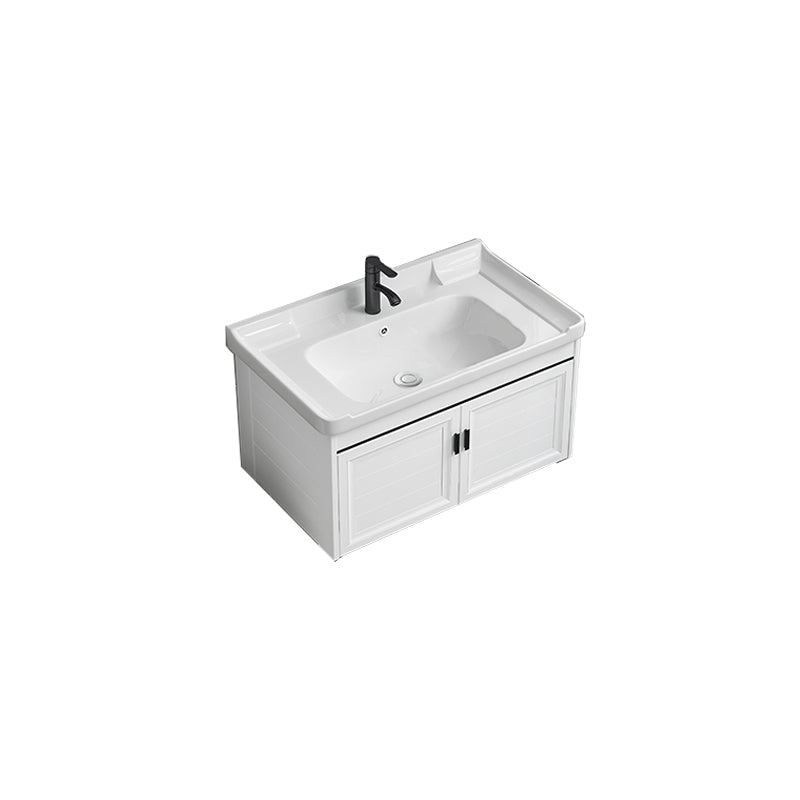 White Bath Vanity Metal Frame Wall Mounted 2 Doors Rectangular Single Sink Mirror Vanity Vanity & Faucet Horn Sink Clearhalo 'Bathroom Remodel & Bathroom Fixtures' 'Bathroom Vanities' 'bathroom_vanities' 'Home Improvement' 'home_improvement' 'home_improvement_bathroom_vanities' 7281890