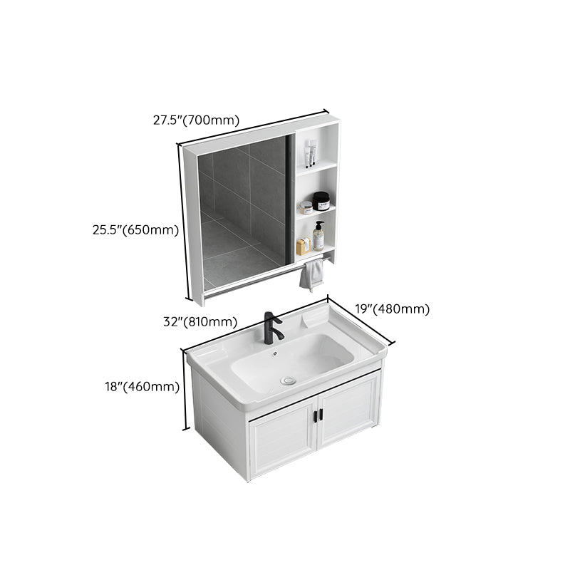 White Bath Vanity Metal Frame Wall Mounted 2 Doors Rectangular Single Sink Mirror Vanity Clearhalo 'Bathroom Remodel & Bathroom Fixtures' 'Bathroom Vanities' 'bathroom_vanities' 'Home Improvement' 'home_improvement' 'home_improvement_bathroom_vanities' 7281907