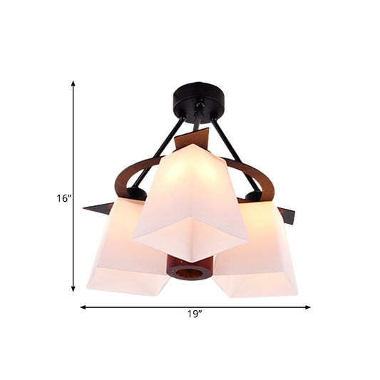 Traditional Trapezoid Semi Flush 3/5 Lights White Glass Ceiling Lamp with Wood Cylinder Shade Clearhalo 'Ceiling Lights' 'Close To Ceiling Lights' 'Close to ceiling' 'Semi-flushmount' Lighting' 728204