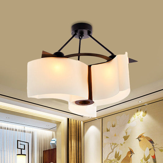 3 Lights Twisted Shade Semi Flush Ceiling Light Classic White Glass Lighting Fixture with Wood Design White B Clearhalo 'Ceiling Lights' 'Close To Ceiling Lights' 'Close to ceiling' 'Semi-flushmount' Lighting' 728210