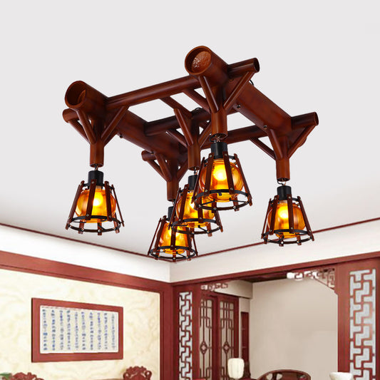 Conical Cage Wood Semi Flush Mount Country 5 Heads Ceiling Light Fixture in Brown Clearhalo 'Ceiling Lights' 'Close To Ceiling Lights' 'Close to ceiling' 'Semi-flushmount' Lighting' 728221