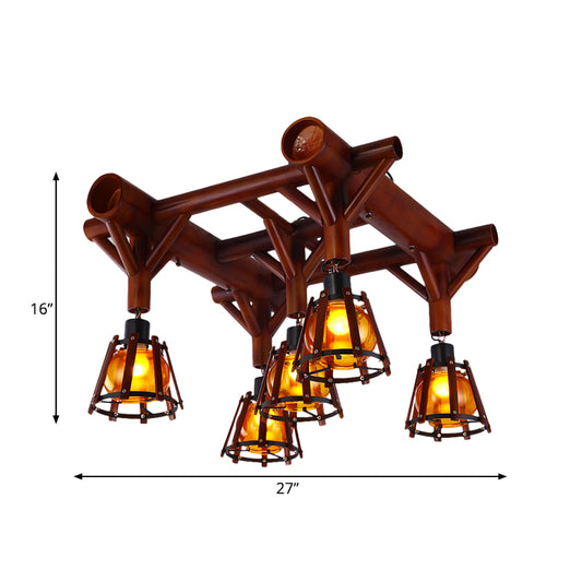Conical Cage Wood Semi Flush Mount Country 5 Heads Ceiling Light Fixture in Brown Clearhalo 'Ceiling Lights' 'Close To Ceiling Lights' 'Close to ceiling' 'Semi-flushmount' Lighting' 728224