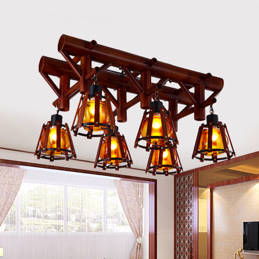 6-Light Semi Flush Light Rustic Dining Room Ceiling Lighting with Tapered Bamboo Shade in Brown Brown Clearhalo 'Ceiling Lights' 'Close To Ceiling Lights' 'Close to ceiling' 'Semi-flushmount' Lighting' 728225