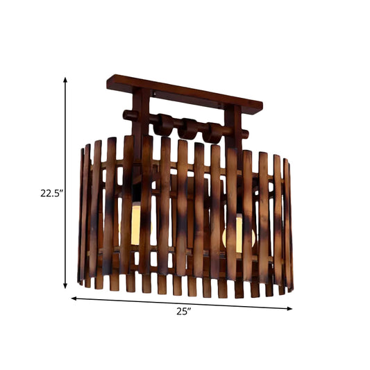 Bamboo Oval/Cylinder Cage Semi-Flush Mount Country 1/2-Light Corridor Ceiling Lamp in Brown with Wood Linear Canopy Clearhalo 'Ceiling Lights' 'Close To Ceiling Lights' 'Close to ceiling' 'Semi-flushmount' Lighting' 728239