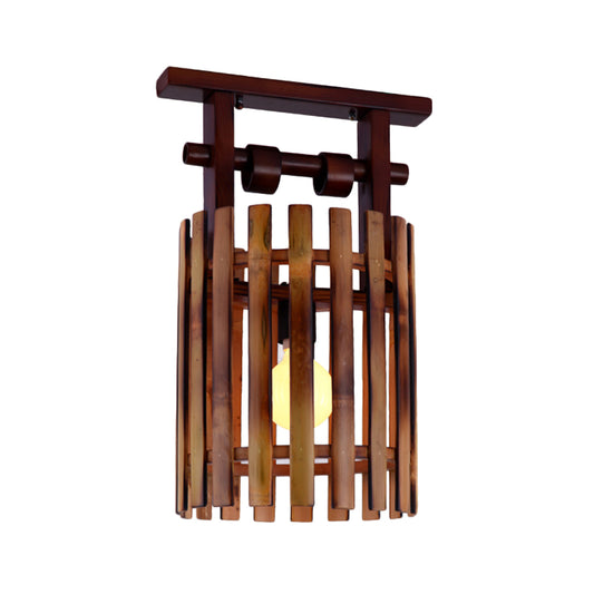 Bamboo Oval/Cylinder Cage Semi-Flush Mount Country 1/2-Light Corridor Ceiling Lamp in Brown with Wood Linear Canopy Clearhalo 'Ceiling Lights' 'Close To Ceiling Lights' 'Close to ceiling' 'Semi-flushmount' Lighting' 728242