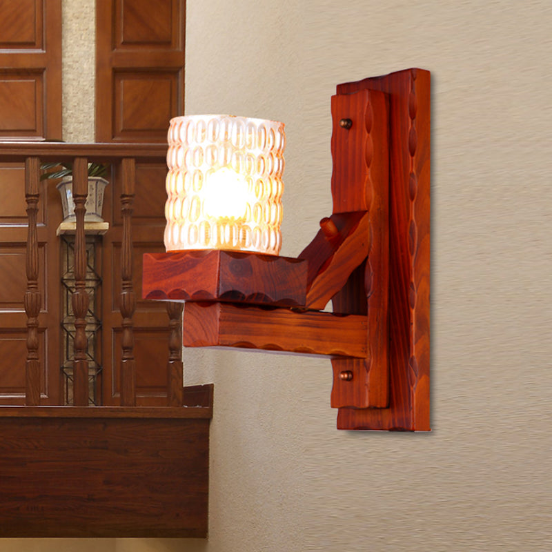 Red Brown Cylinder Wall Mount Lamp Traditional Dimple Glass 1/2-Light Bedroom Sconce Light Fixture with Wood Arm 1.0 Red Brown Clearhalo 'Wall Lamps & Sconces' 'Wall Lights' Lighting' 728269