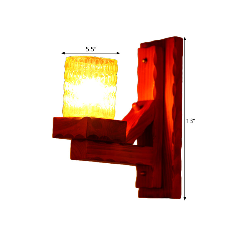Red Brown Cylinder Wall Mount Lamp Traditional Dimple Glass 1/2-Light Bedroom Sconce Light Fixture with Wood Arm Clearhalo 'Wall Lamps & Sconces' 'Wall Lights' Lighting' 728273
