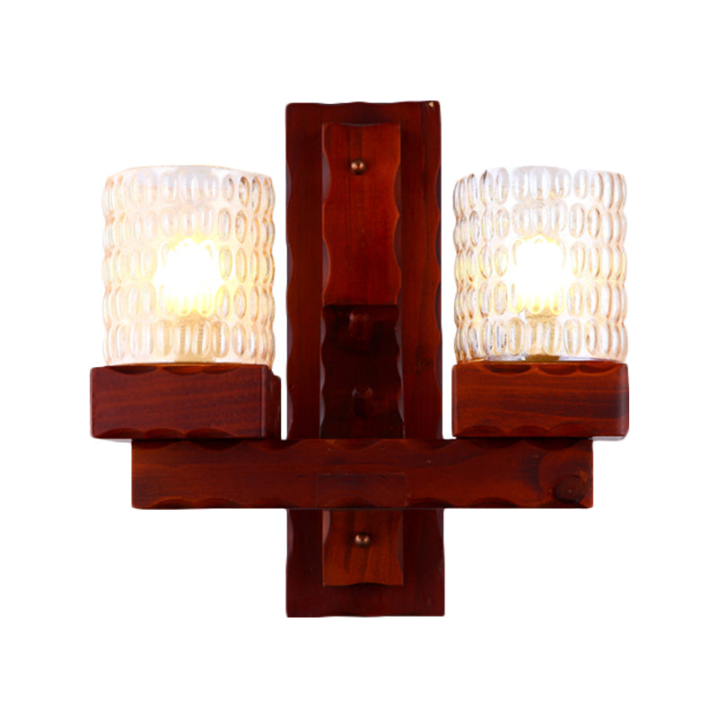 Red Brown Cylinder Wall Mount Lamp Traditional Dimple Glass 1/2-Light Bedroom Sconce Light Fixture with Wood Arm Clearhalo 'Wall Lamps & Sconces' 'Wall Lights' Lighting' 728276
