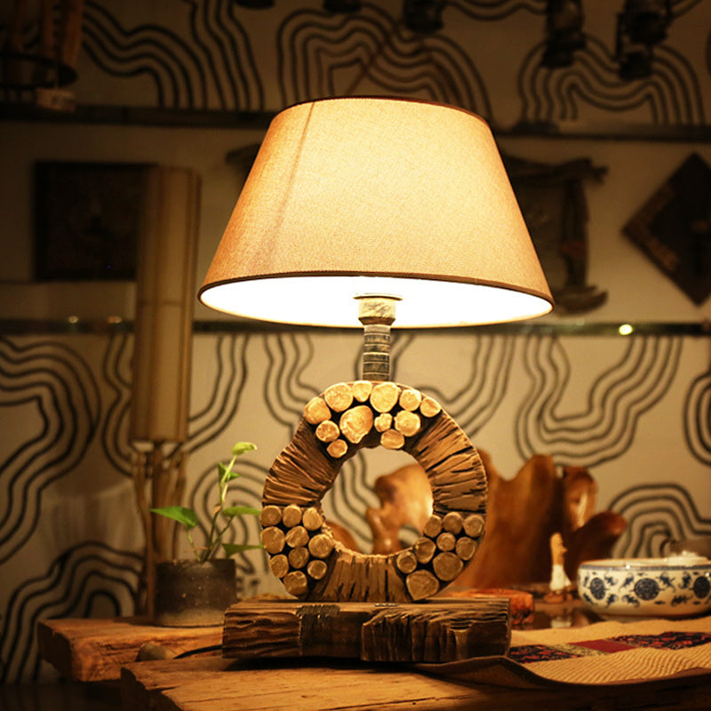 Classic Tapered Night Table Light 1 Light Fabric Nightstand Lighting in Brown with Wood Base Clearhalo 'Lamps' 'Table Lamps' Lighting' 728280