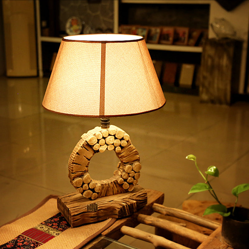 Classic Tapered Night Table Light 1 Light Fabric Nightstand Lighting in Brown with Wood Base Clearhalo 'Lamps' 'Table Lamps' Lighting' 728281