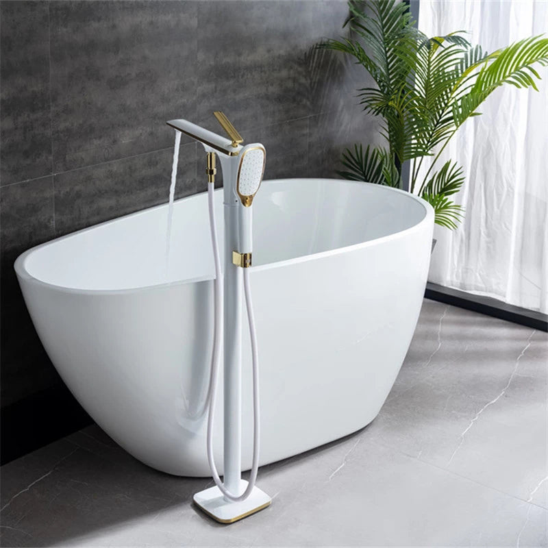 Floor Standing Bathroom Faucet Handheld Shower Bathtub Faucet White-Gold Round Tube Clearhalo 'Bathroom Remodel & Bathroom Fixtures' 'Bathtub Faucets' 'bathtub_faucets' 'Home Improvement' 'home_improvement' 'home_improvement_bathtub_faucets' 7282953
