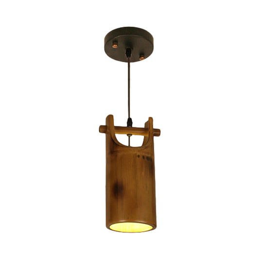 1 Light Hanging Pendant Light Farm Dining Room Ceiling Lamp with Barrel Bamboo Shade in Brown Clearhalo 'Ceiling Lights' 'Industrial Pendants' 'Industrial' 'Middle Century Pendants' 'Pendant Lights' 'Pendants' 'Tiffany' Lighting' 728317