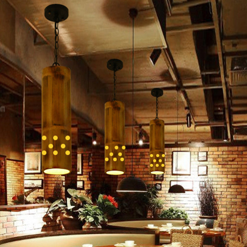 Bamboo Etched Tubular Hanging Light Kit Warehouse 1 Light Dining Room Ceiling Pendant in Brown Clearhalo 'Ceiling Lights' 'Industrial Pendants' 'Industrial' 'Middle Century Pendants' 'Pendant Lights' 'Pendants' 'Tiffany' Lighting' 728325