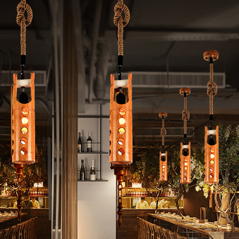 1 Light Rope Pendant Lamp Loft Flute Bamboo Hanging Ceiling Light in Brown with Hollow-out Design Clearhalo 'Ceiling Lights' 'Industrial Pendants' 'Industrial' 'Middle Century Pendants' 'Pendant Lights' 'Pendants' 'Tiffany' Lighting' 728338