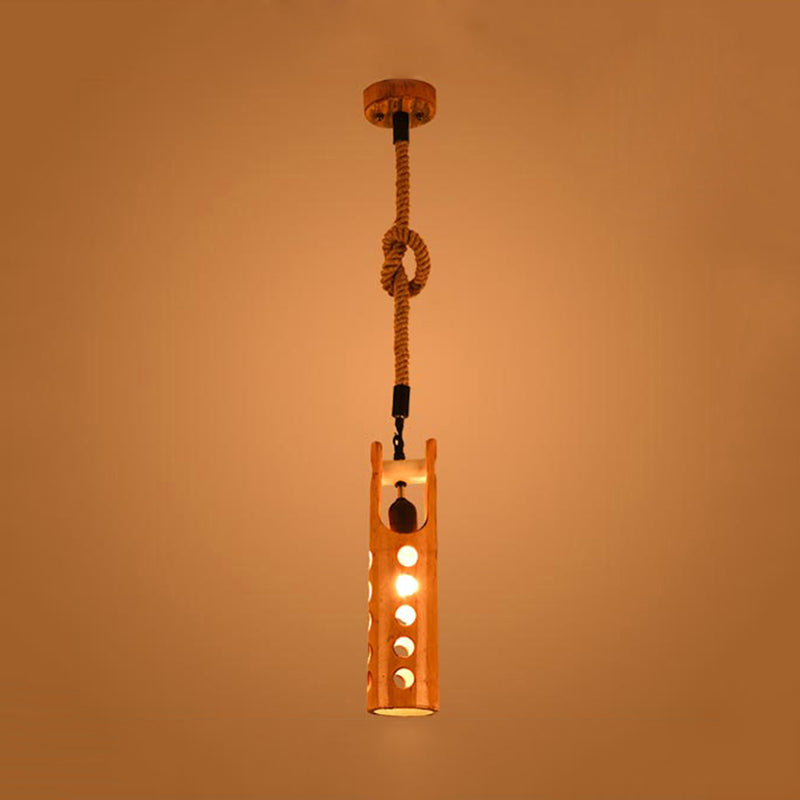 1 Light Rope Pendant Lamp Loft Flute Bamboo Hanging Ceiling Light in Brown with Hollow-out Design Clearhalo 'Ceiling Lights' 'Industrial Pendants' 'Industrial' 'Middle Century Pendants' 'Pendant Lights' 'Pendants' 'Tiffany' Lighting' 728340