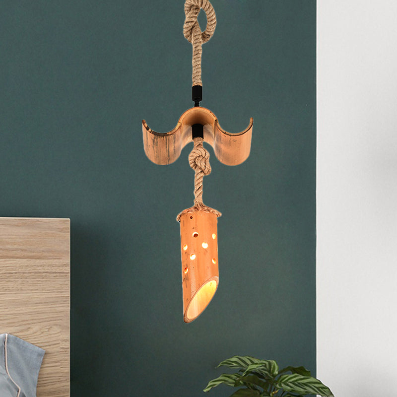 1 Light Rope Pendant Lamp Loft Flute Bamboo Hanging Ceiling Light in Brown with Hollow-out Design Brown A Clearhalo 'Ceiling Lights' 'Industrial Pendants' 'Industrial' 'Middle Century Pendants' 'Pendant Lights' 'Pendants' 'Tiffany' Lighting' 728342