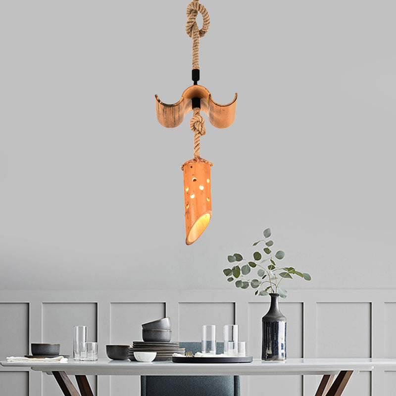 1 Light Rope Pendant Lamp Loft Flute Bamboo Hanging Ceiling Light in Brown with Hollow-out Design Clearhalo 'Ceiling Lights' 'Industrial Pendants' 'Industrial' 'Middle Century Pendants' 'Pendant Lights' 'Pendants' 'Tiffany' Lighting' 728343