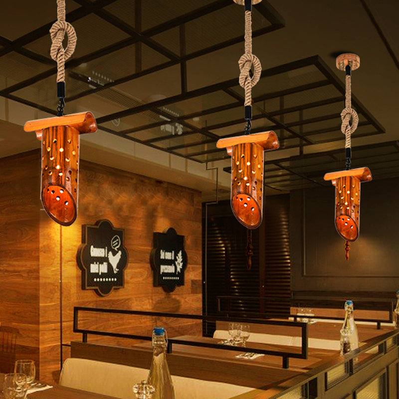 1 Light Rope Pendant Lamp Loft Flute Bamboo Hanging Ceiling Light in Brown with Hollow-out Design Clearhalo 'Ceiling Lights' 'Industrial Pendants' 'Industrial' 'Middle Century Pendants' 'Pendant Lights' 'Pendants' 'Tiffany' Lighting' 728348