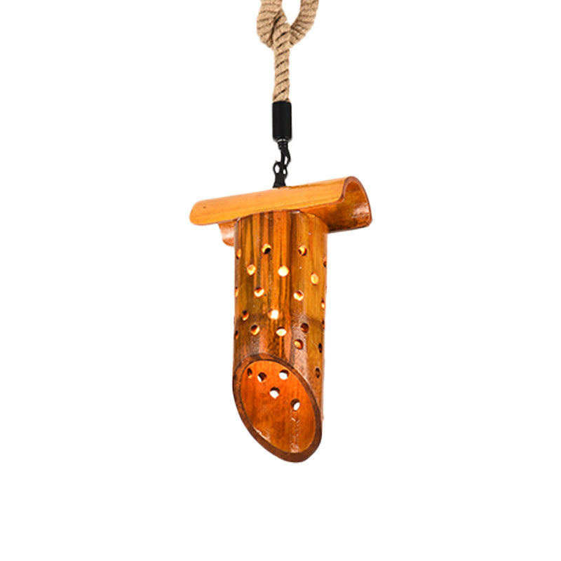 1 Light Rope Pendant Lamp Loft Flute Bamboo Hanging Ceiling Light in Brown with Hollow-out Design Clearhalo 'Ceiling Lights' 'Industrial Pendants' 'Industrial' 'Middle Century Pendants' 'Pendant Lights' 'Pendants' 'Tiffany' Lighting' 728349