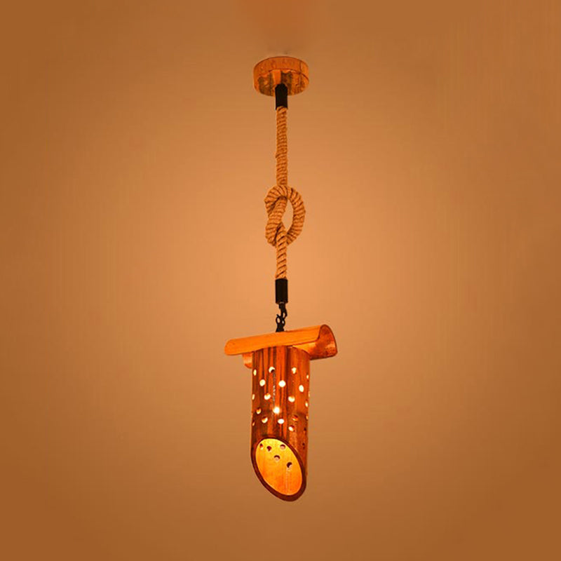 1 Light Rope Pendant Lamp Loft Flute Bamboo Hanging Ceiling Light in Brown with Hollow-out Design Clearhalo 'Ceiling Lights' 'Industrial Pendants' 'Industrial' 'Middle Century Pendants' 'Pendant Lights' 'Pendants' 'Tiffany' Lighting' 728350
