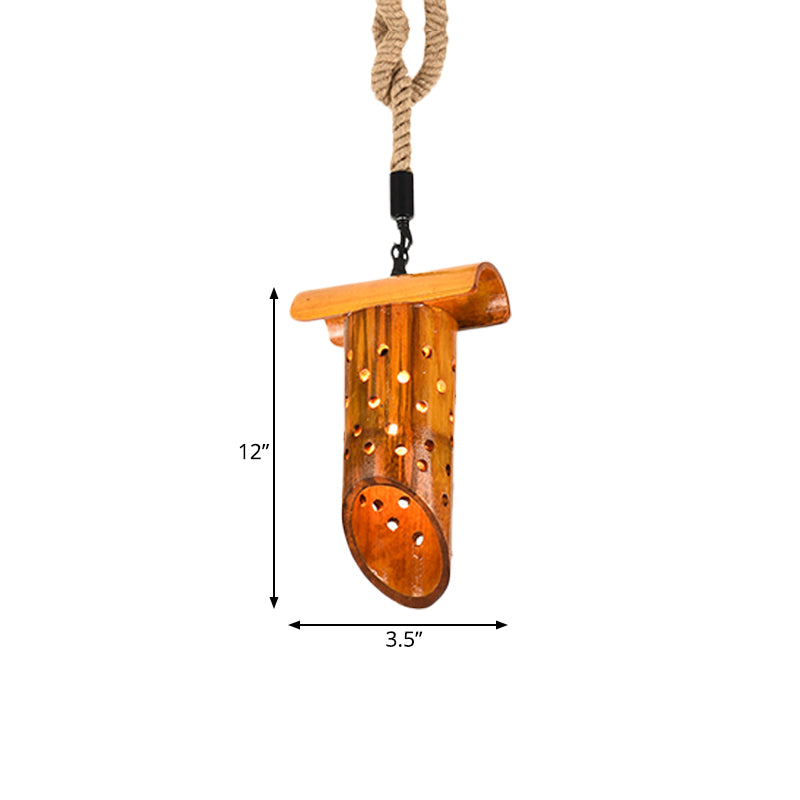 1 Light Rope Pendant Lamp Loft Flute Bamboo Hanging Ceiling Light in Brown with Hollow-out Design Clearhalo 'Ceiling Lights' 'Industrial Pendants' 'Industrial' 'Middle Century Pendants' 'Pendant Lights' 'Pendants' 'Tiffany' Lighting' 728351