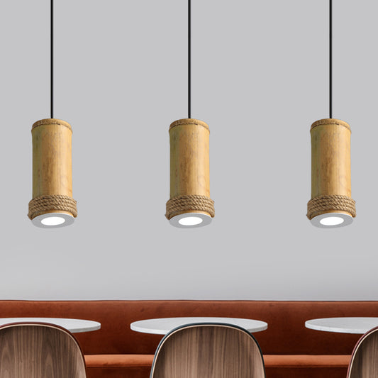 Tube Living Room Pendant Lighting Fixture Industrial Bamboo 1 Head Light Brown Hanging Light Kit with Rope Detail Clearhalo 'Ceiling Lights' 'Industrial Pendants' 'Industrial' 'Middle Century Pendants' 'Pendant Lights' 'Pendants' 'Tiffany' Lighting' 728354