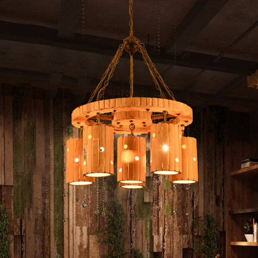 Beige Etched Cylinder Hanging Chandelier Farmhouse Bamboo 6 Lights Restaurant Suspension Light with Wheel Design Beige Clearhalo 'Ceiling Lights' 'Chandeliers' 'Industrial Chandeliers' 'Industrial' 'Middle Century Chandeliers' 'Tiffany' Lighting' 728362