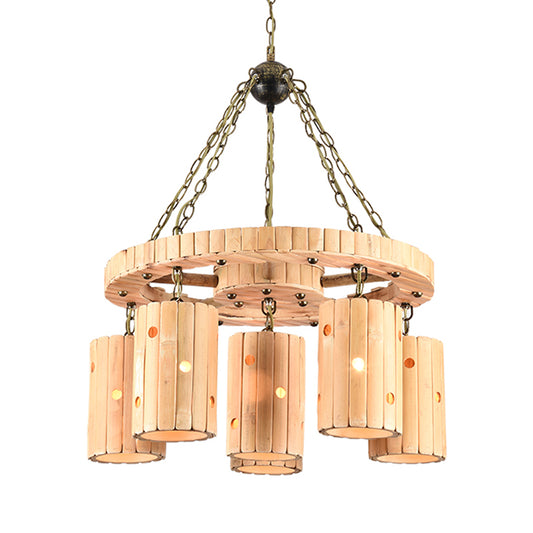 Beige Etched Cylinder Hanging Chandelier Farmhouse Bamboo 6 Lights Restaurant Suspension Light with Wheel Design Clearhalo 'Ceiling Lights' 'Chandeliers' 'Industrial Chandeliers' 'Industrial' 'Middle Century Chandeliers' 'Tiffany' Lighting' 728364