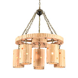 Beige Etched Cylinder Hanging Chandelier Farmhouse Bamboo 6 Lights Restaurant Suspension Light with Wheel Design Clearhalo 'Ceiling Lights' 'Chandeliers' 'Industrial Chandeliers' 'Industrial' 'Middle Century Chandeliers' 'Tiffany' Lighting' 728364