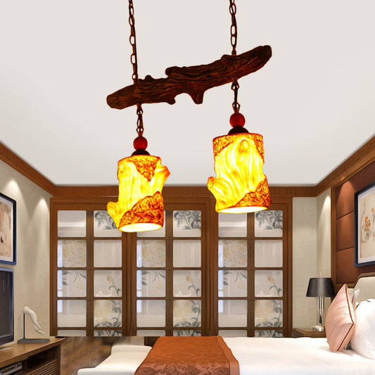 2-Light Resin Ceiling Chandelier Warehouse Yellow Cylinder Living Room Suspension Pendant with Linear Beam Clearhalo 'Ceiling Lights' 'Chandeliers' 'Industrial Chandeliers' 'Industrial' 'Middle Century Chandeliers' 'Tiffany' Lighting' 728368