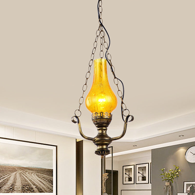1 Light Vase Shade Pendant Lamp Coastal Brass Finish Yellow Crackle Glass Ceiling Hang Fixture Brass Clearhalo 'Ceiling Lights' 'Glass shade' 'Glass' 'Industrial Pendants' 'Industrial' 'Middle Century Pendants' 'Pendant Lights' 'Pendants' 'Tiffany' Lighting' 728377
