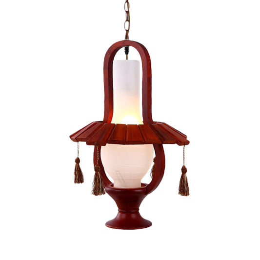 Kerosene Opal Glass Hanging Light Fixture Retro Style 1-Bulb Dining Room Ceiling Lamp in Red Brown with Wood Frame Clearhalo 'Ceiling Lights' 'Glass shade' 'Glass' 'Industrial Pendants' 'Industrial' 'Middle Century Pendants' 'Pendant Lights' 'Pendants' 'Tiffany' Lighting' 728384