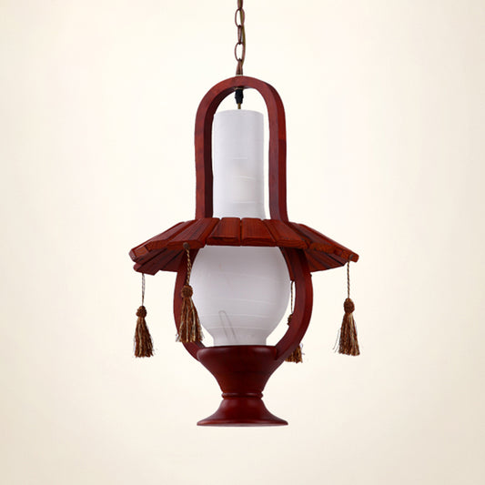 Kerosene Opal Glass Hanging Light Fixture Retro Style 1-Bulb Dining Room Ceiling Lamp in Red Brown with Wood Frame Clearhalo 'Ceiling Lights' 'Glass shade' 'Glass' 'Industrial Pendants' 'Industrial' 'Middle Century Pendants' 'Pendant Lights' 'Pendants' 'Tiffany' Lighting' 728385