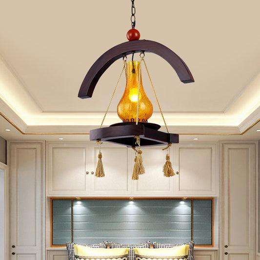 1 Head Drop Pendant Factory Kerosene Yellow Crackle Glass Hanging Lamp with Wood Tray Design Clearhalo 'Ceiling Lights' 'Glass shade' 'Glass' 'Industrial Pendants' 'Industrial' 'Middle Century Pendants' 'Pendant Lights' 'Pendants' 'Tiffany' Lighting' 728388