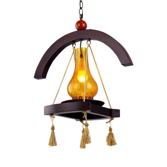 1 Head Drop Pendant Factory Kerosene Yellow Crackle Glass Hanging Lamp with Wood Tray Design Clearhalo 'Ceiling Lights' 'Glass shade' 'Glass' 'Industrial Pendants' 'Industrial' 'Middle Century Pendants' 'Pendant Lights' 'Pendants' 'Tiffany' Lighting' 728389