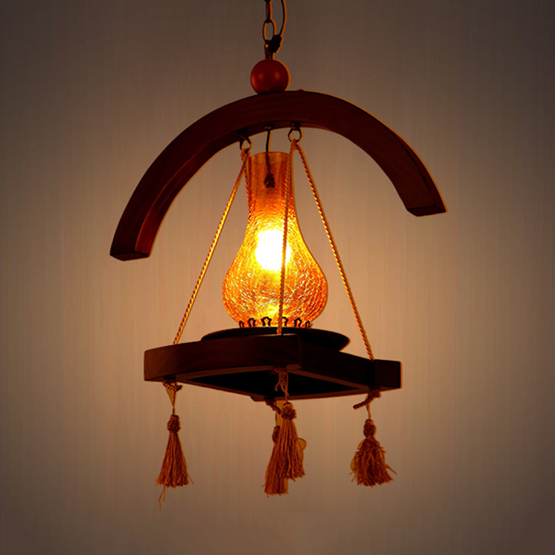 1 Head Drop Pendant Factory Kerosene Yellow Crackle Glass Hanging Lamp with Wood Tray Design Clearhalo 'Ceiling Lights' 'Glass shade' 'Glass' 'Industrial Pendants' 'Industrial' 'Middle Century Pendants' 'Pendant Lights' 'Pendants' 'Tiffany' Lighting' 728390