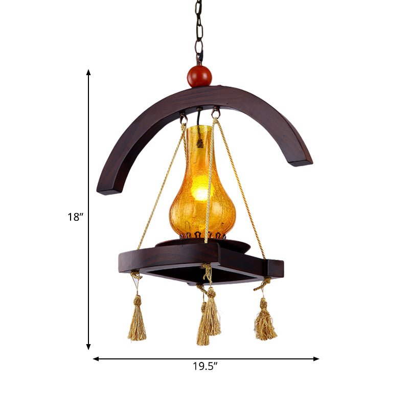 1 Head Drop Pendant Factory Kerosene Yellow Crackle Glass Hanging Lamp with Wood Tray Design Clearhalo 'Ceiling Lights' 'Glass shade' 'Glass' 'Industrial Pendants' 'Industrial' 'Middle Century Pendants' 'Pendant Lights' 'Pendants' 'Tiffany' Lighting' 728391