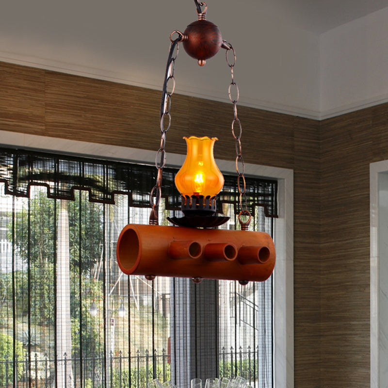Vase Dining Room Pendant Ceiling Light Farm Yellow Glass 1 Light Brown Hanging Lighting with Linear Bamboo Beam Yellow Clearhalo 'Ceiling Lights' 'Glass shade' 'Glass' 'Industrial Pendants' 'Industrial' 'Middle Century Pendants' 'Pendant Lights' 'Pendants' 'Tiffany' Lighting' 728392