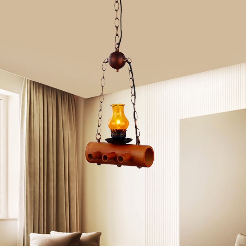 Vase Dining Room Pendant Ceiling Light Farm Yellow Glass 1 Light Brown Hanging Lighting with Linear Bamboo Beam Clearhalo 'Ceiling Lights' 'Glass shade' 'Glass' 'Industrial Pendants' 'Industrial' 'Middle Century Pendants' 'Pendant Lights' 'Pendants' 'Tiffany' Lighting' 728393