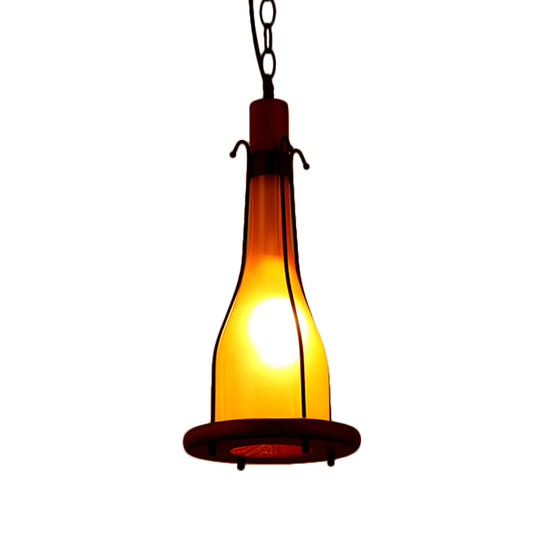 Brown 1 Head Ceiling Pendant Warehouse Yellow Glass Bottle Hanging Light Kit with Wood Tray Design Clearhalo 'Ceiling Lights' 'Glass shade' 'Glass' 'Industrial Pendants' 'Industrial' 'Middle Century Pendants' 'Pendant Lights' 'Pendants' 'Tiffany' Lighting' 728399